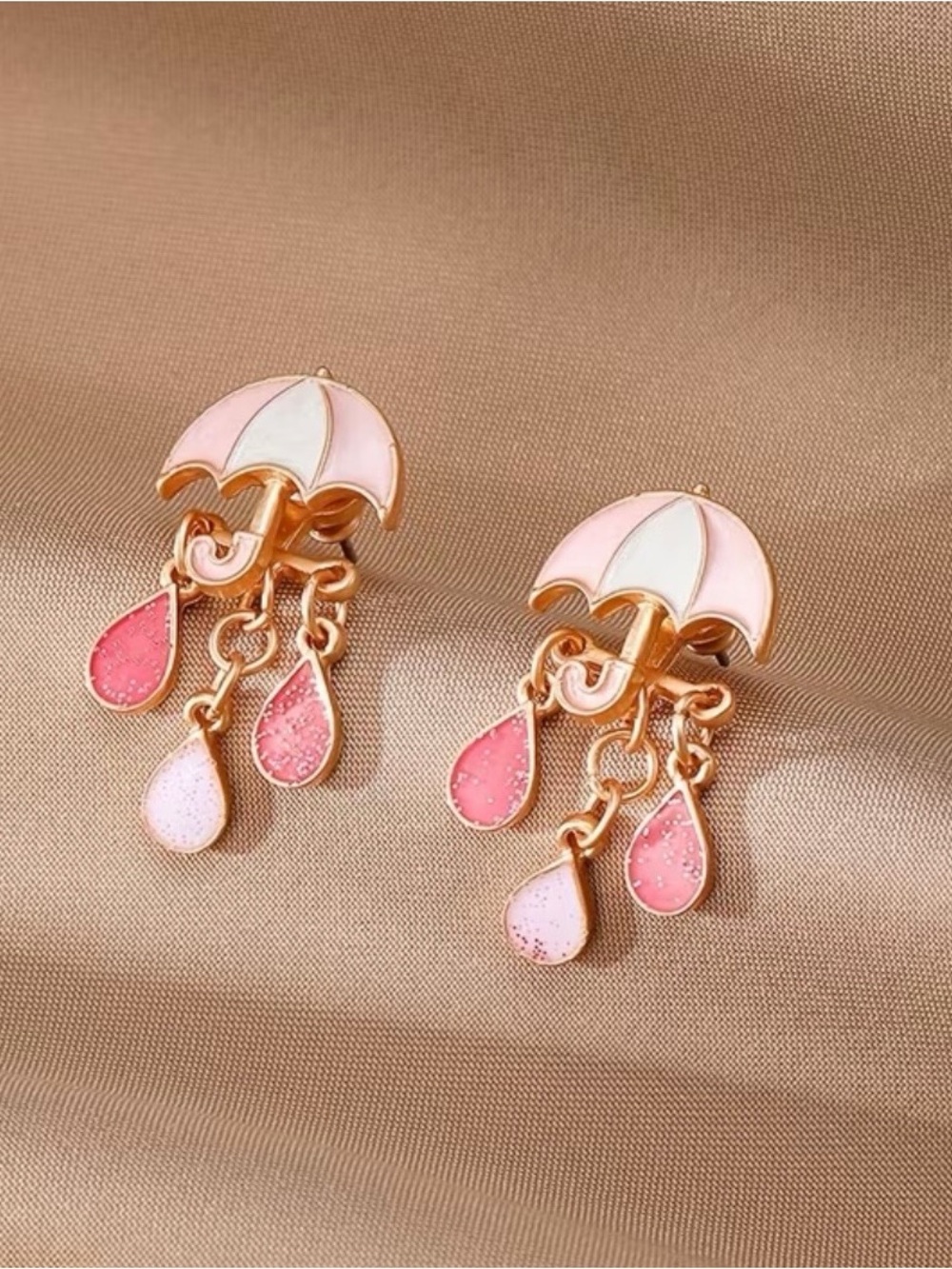 Pink & White Enamel Umbrella Drop Earrings